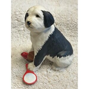 Vintage 1988 Franklin Mint Sheepdog Puppy Figurine Porcelain Dog w/ Brush Mirror